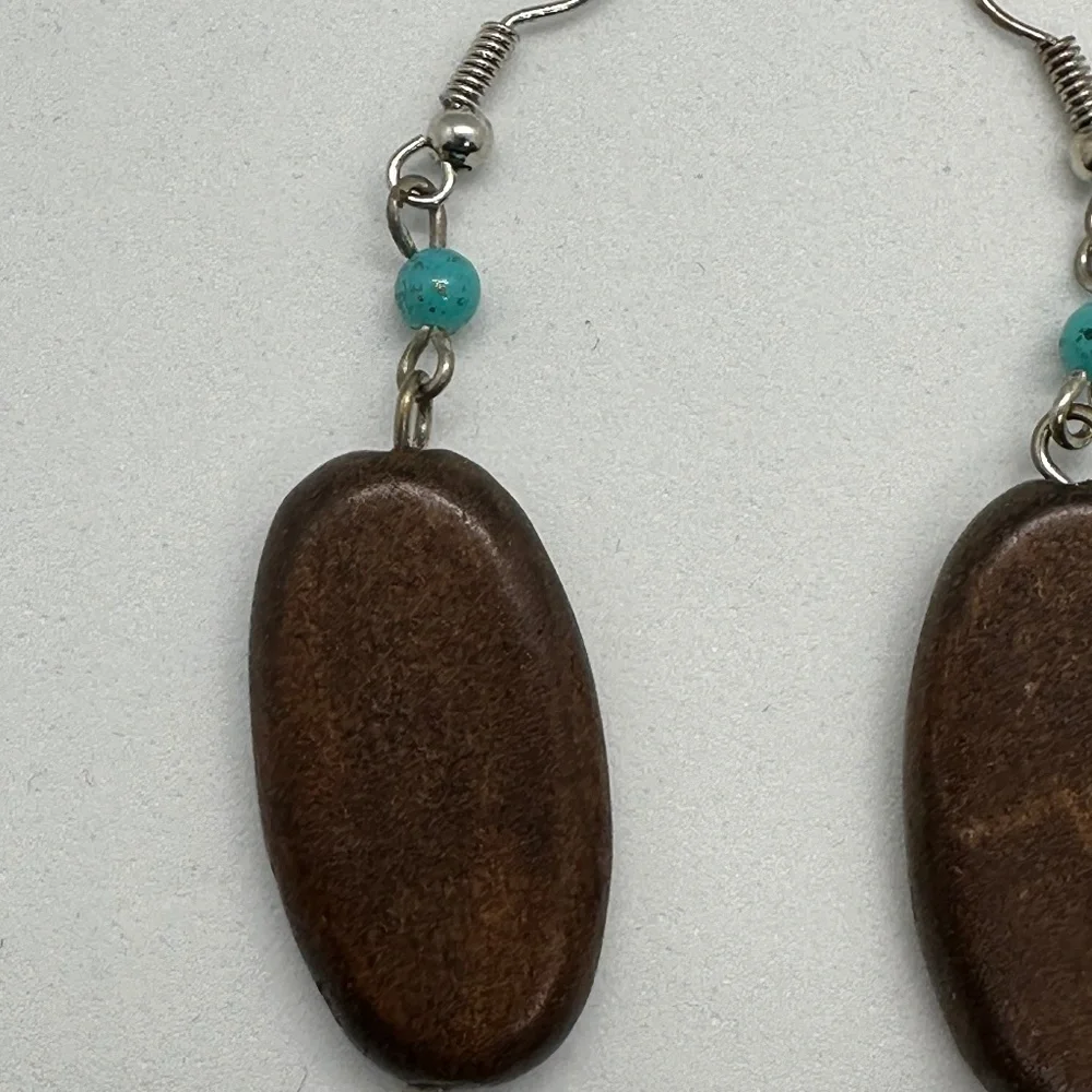 Wood and Turquoise Drop Earrings